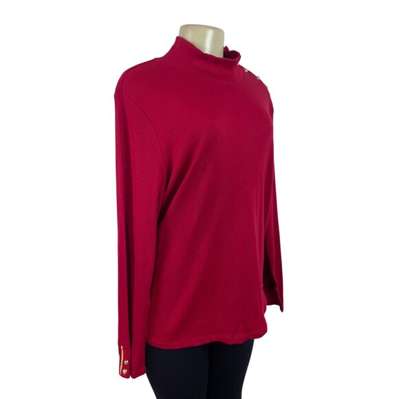 Ralph Lauren Red Long Sleeve Mockneck Top W/ Gold Button Detail Cotton Size 2X - Picture 2 of 7